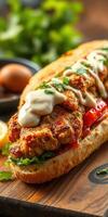 Crispy fried chicken sandwich loaded with fresh toppings and creamy sauce on a rustic wooden board photo