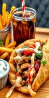 Delicious wrap with grilled meat, fresh vegetables, and sauces served with fries and refreshing drink in a cozy setting photo