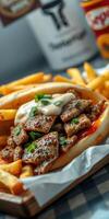 Juicy grilled meat served with crispy fries in a cozy dining setting during lunchtime photo