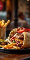 Delicious sandwich with savory toppings and crispy fries served in a bustling restaurant setting photo