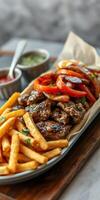 Grilled beef strips with bell peppers and fries served on a metal platter in a casual dining setting photo
