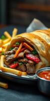 Delicious wrap filled with grilled meat and vegetables served with fries and dipping sauce photo