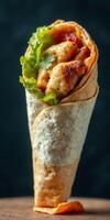 Tasty grilled chicken wrap with fresh lettuce and tomato served on a wooden table photo