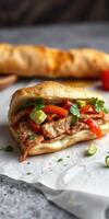 Savory sandwich with grilled chicken, fresh vegetables, and cilantro on a rustic countertop photo