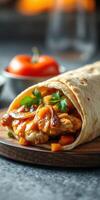 Delicious chicken burrito with fresh vegetables and herbs served on a wooden plate in a cozy setting photo