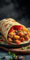 Delicious chicken wrap with fresh vegetables and spices on a rustic wooden table photo