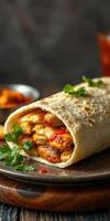 Delicious chicken wrap with fresh cilantro served on a rustic plate at a cozy eatery photo