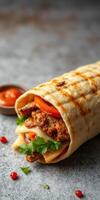 Tasty wrap filled with seasoned meat, fresh vegetables, and sauce on a stone surface photo