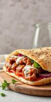 Delicious flatbread wrap filled with spicy chicken and fresh vegetables served on a wooden board photo