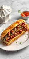 Delicious sandwich filled with juicy chicken and fresh vegetables served on a white plate in a well-lit setting photo