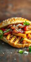 Delicious sandwich filled with crispy fries, grilled chicken, and vibrant vegetables bursting with flavor photo