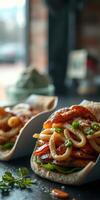 Delicious fresh seafood and vegetables in a flavorful wrap served on a rustic table in a cozy setting photo