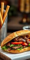 Delicious sandwich with grilled meat, fresh vegetables, and crispy lettuce served in a rustic setting photo