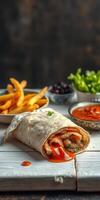 Delicious burrito with toppings served alongside fries and salsa in a warm setting photo