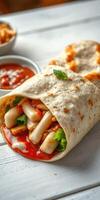Delicious wrap filled with chicken, sauce, and fresh herbs on a wooden table photo