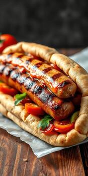 Grilled sausages served in flatbread with fresh vegetables and sauce photo