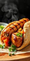Grilled sausages wrapped in flatbread with vegetables and herbs on a wooden surface photo