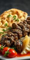 Juicy grilled meat skewers served with fresh bread and herbs on a rustic platter photo