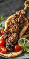 Grilled kebabs served with fresh tomatoes and pita bread in a vibrant setting photo