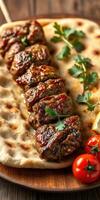 Juicy grilled meat skewers served on flatbread with fresh herbs and cherry tomatoes photo