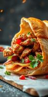 Delicious stuffed pastry filled with spicy chicken and fresh vegetables prepared in a rustic kitchen setting photo
