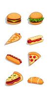 Variety of popular fast food items displayed in a colorful illustration featuring burgers, hot dogs, and pizza photo