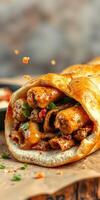 Deliciously prepared sandwich filled with savory meat and fresh herbs on a rustic table photo