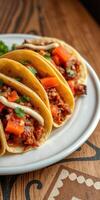 Delicious tacos filled with savory meat and fresh toppings on a wooden table photo