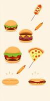 Variety of cartoon style fast food items including burgers, pizza, and hot dogs displayed on a textured background photo