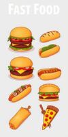 Various fast food items including burgers, hot dogs, and pizza on a simple background photo