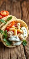 Delicious wraps filled with chicken, vegetables, and creamy sauce on a rustic wooden table photo