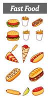 Fast food items including burgers, hot dogs, fries, and ice cream cone in colorful illustrations on white background photo