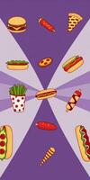 Colorful arrangement of delicious fast food items on a vibrant purple background photo
