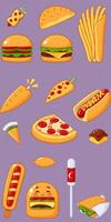 Fun and colorful food illustrations featuring popular snacks and fast foods against a purple background photo