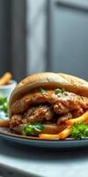 Delicious sandwich with chicken and fries served on a plate at a cozy restaurant setting photo