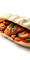 Grilled chicken sandwich with spicy sauce and fresh toppings served in a warm pita photo