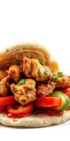 Grilled chicken wrap filled with fresh vegetables and sauce on a neutral backdrop photo