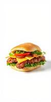 Delicious sandwich with grilled meat, cheese, and fresh vegetables on a light background photo