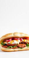 Delicious sandwich filled with grilled meat, fresh vegetables, and creamy sauce served on a soft bun photo