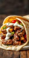 Delicious beef wrap filled with grilled vegetables and creamy sauce on a rustic wooden table photo