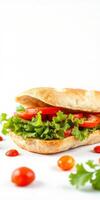 Fresh vegetable sandwich loaded with lettuce, tomatoes, and herbs on a light background photo
