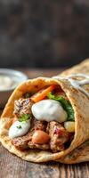 Delicious burrito stuffed with grilled meat, beans, and fresh vegetables served on a wooden table photo