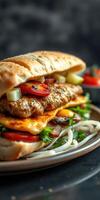 Delicious sandwich loaded with fresh ingredients and savory meat served on a dark wooden table photo
