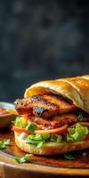 Delicious grilled chicken sandwich served on a wooden board with fresh vegetables and condiments at a casual dining location photo