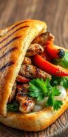 Grilled chicken sandwich with fresh vegetables served on a wooden table in a cozy cafe setting photo