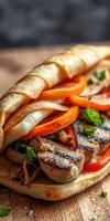 Delicious grilled chicken wrap filled with fresh vegetables and spicy sauce on a wooden table photo