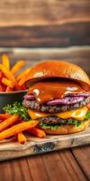 Juicy double cheeseburger with melted cheese and sweet potato fries on a wooden board photo