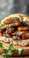 Delicious sandwich filled with grilled chicken and vegetables served on fresh bread photo