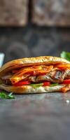 Delicious sandwich filled with grilled meat and fresh vegetables showcased on a rustic table photo