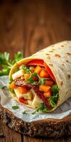Delicious wrap filled with fresh vegetables and savory meat served on a rustic wooden table photo
